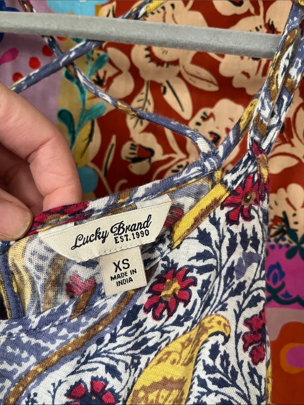 LUCKY BRAND Boho Handkerchief Cotton Blend Midi Dress in Blue & Gold Size XS - Picture 3 of 10